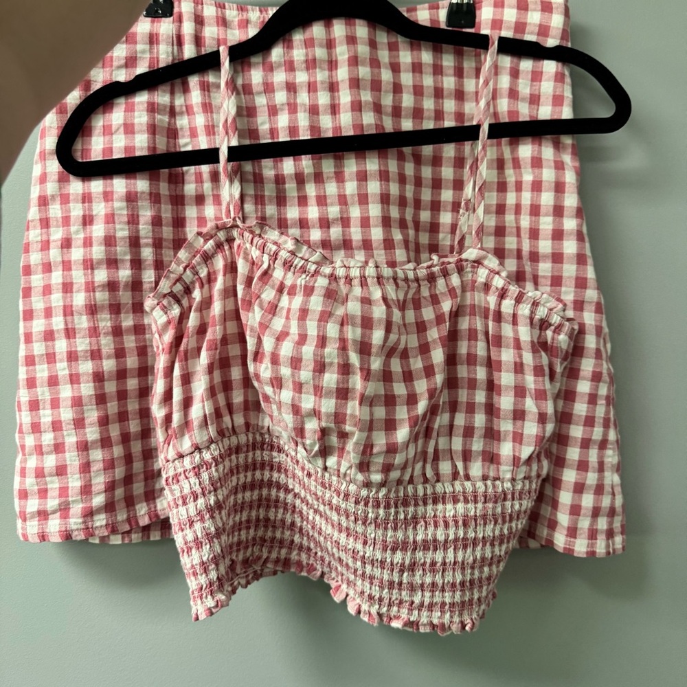 Red and white gingham smocked linen blend 2 piece skirt set.